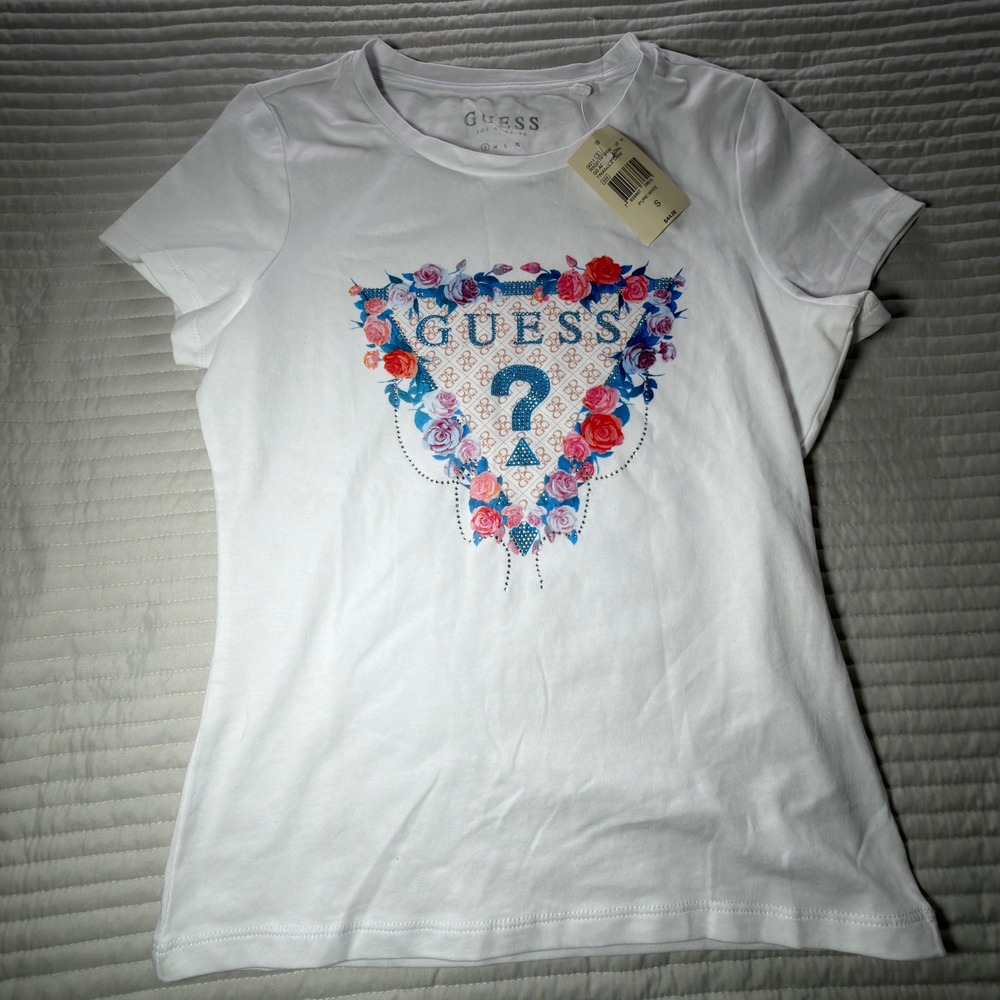 Guess Graphic Tee Kids Size S White New With Tags Floral Rhinestone Logo